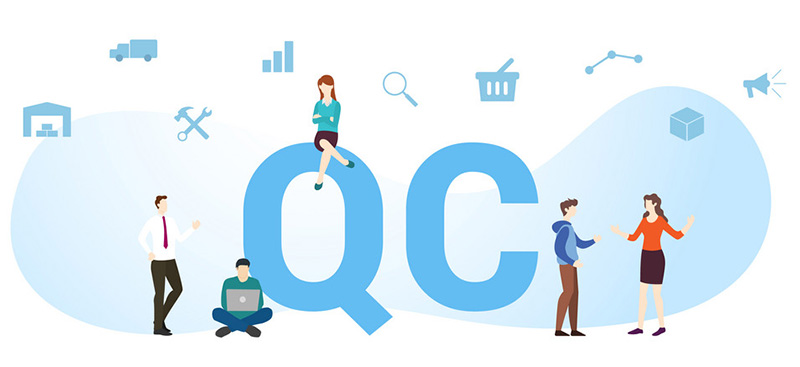 qc quality control concept with big word or text and team people with modern flat style - vector illustration